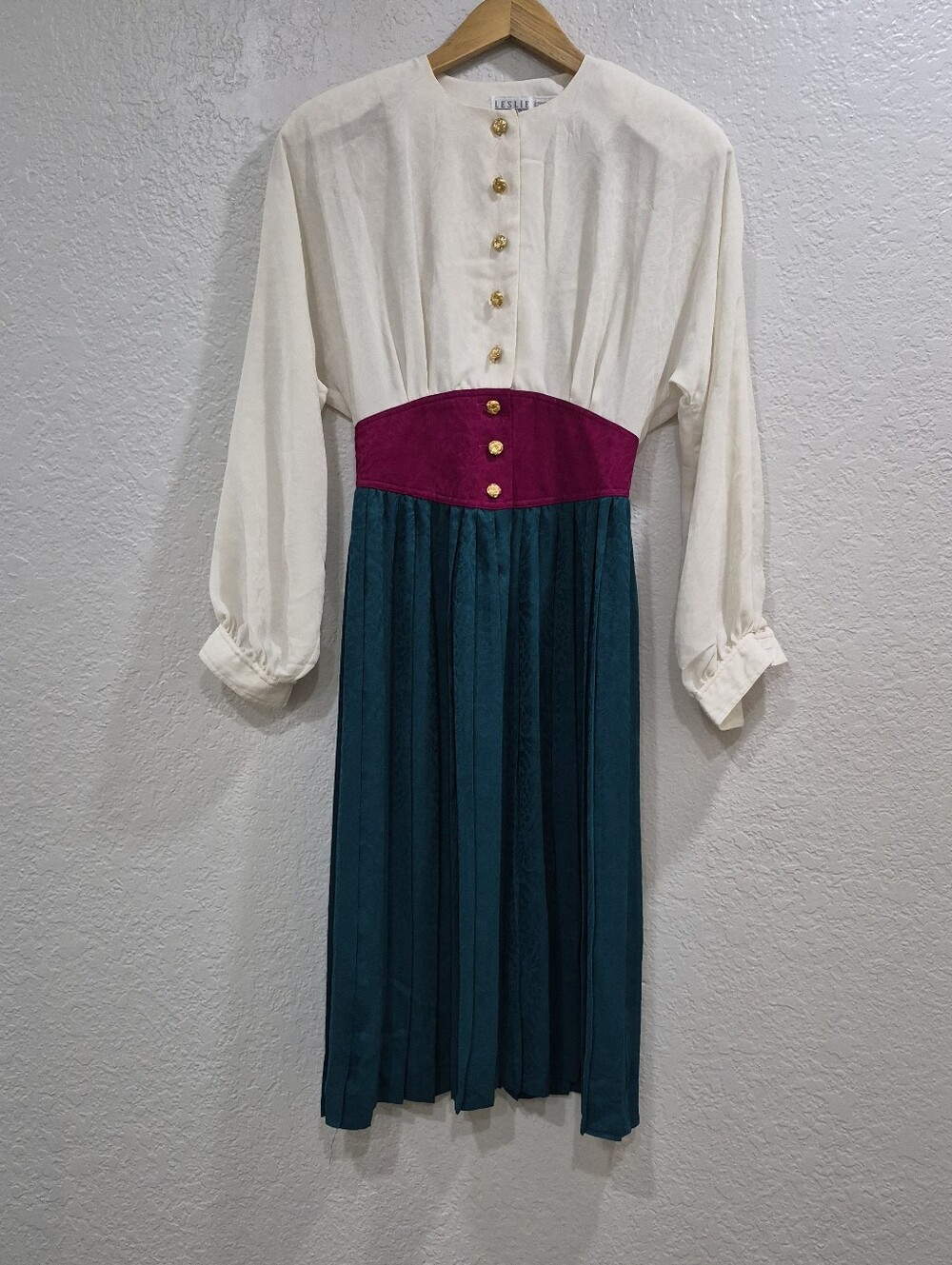 Vintage Leslie Fay 1970  Ivory, Teal & Magenta Pleated Dress Size 4